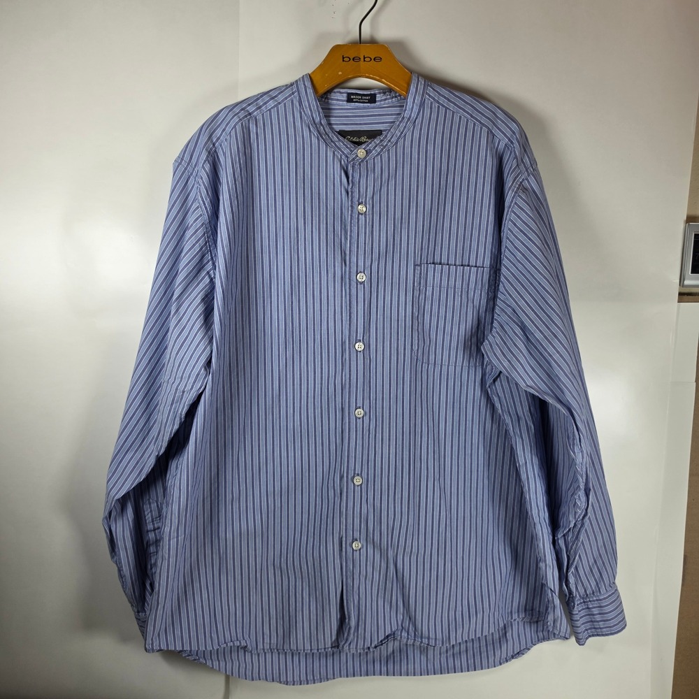 Eddie Bauer Mason Shirt Mens XL Blue Striped Band Collar Cotton Button Down